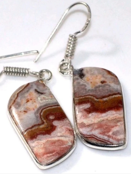 Handmade Jewelry - Mexican Crazy Lace Agate Gemstone 925 Sterling Silver Drop Dangle Earrings
